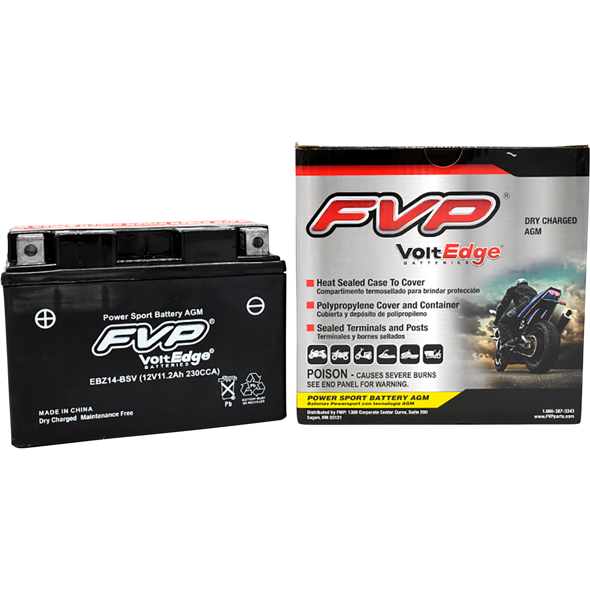 FVP Volt Edge Dry Charged AGM Battery, 5.91in.L x 3.46in.W x 4.33in.H, Model# EBZ14-BSV